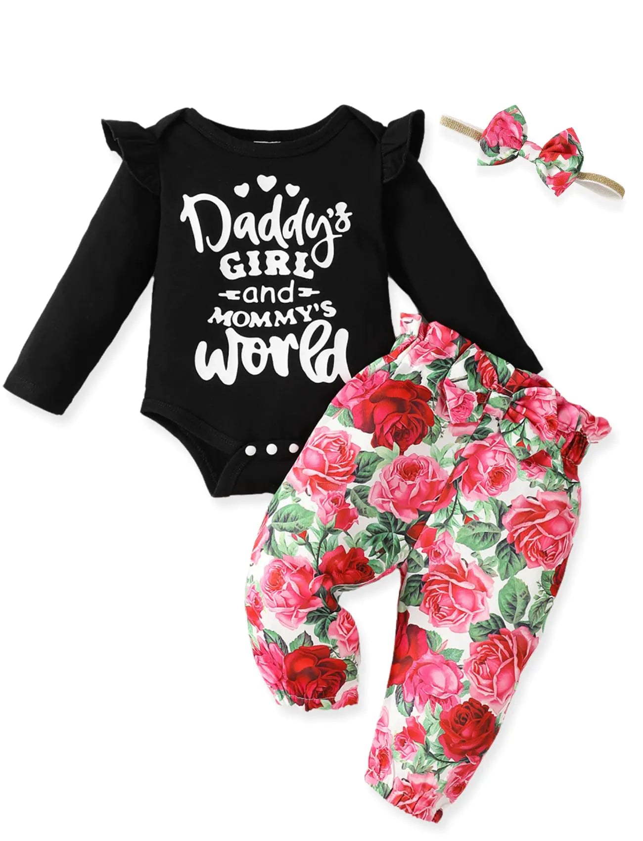 Newborn Baby Girl Clothes 12-18 Months Outfits Infant Romper Ruffle Floral Pants Cute Toddler Baby Girl Clothes Set Black Floral