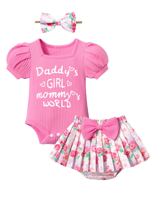 Load image into Gallery viewer, KANGKANG Baby Girl Outfits 9-12 Month Girl Clothes Cute Rose Pink Short-sleeve Romper + Floral Pleated Skirts Shorts 3Pcs Baby Girl Summer Clothes 9-12 months
