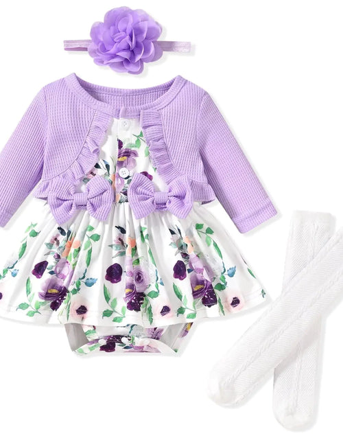 Load image into Gallery viewer, Unutiylo Newborn Baby Girl Fall Winter Outfit Dress Floral Print Long Sleeve Romper Clothes with Headband Purple
