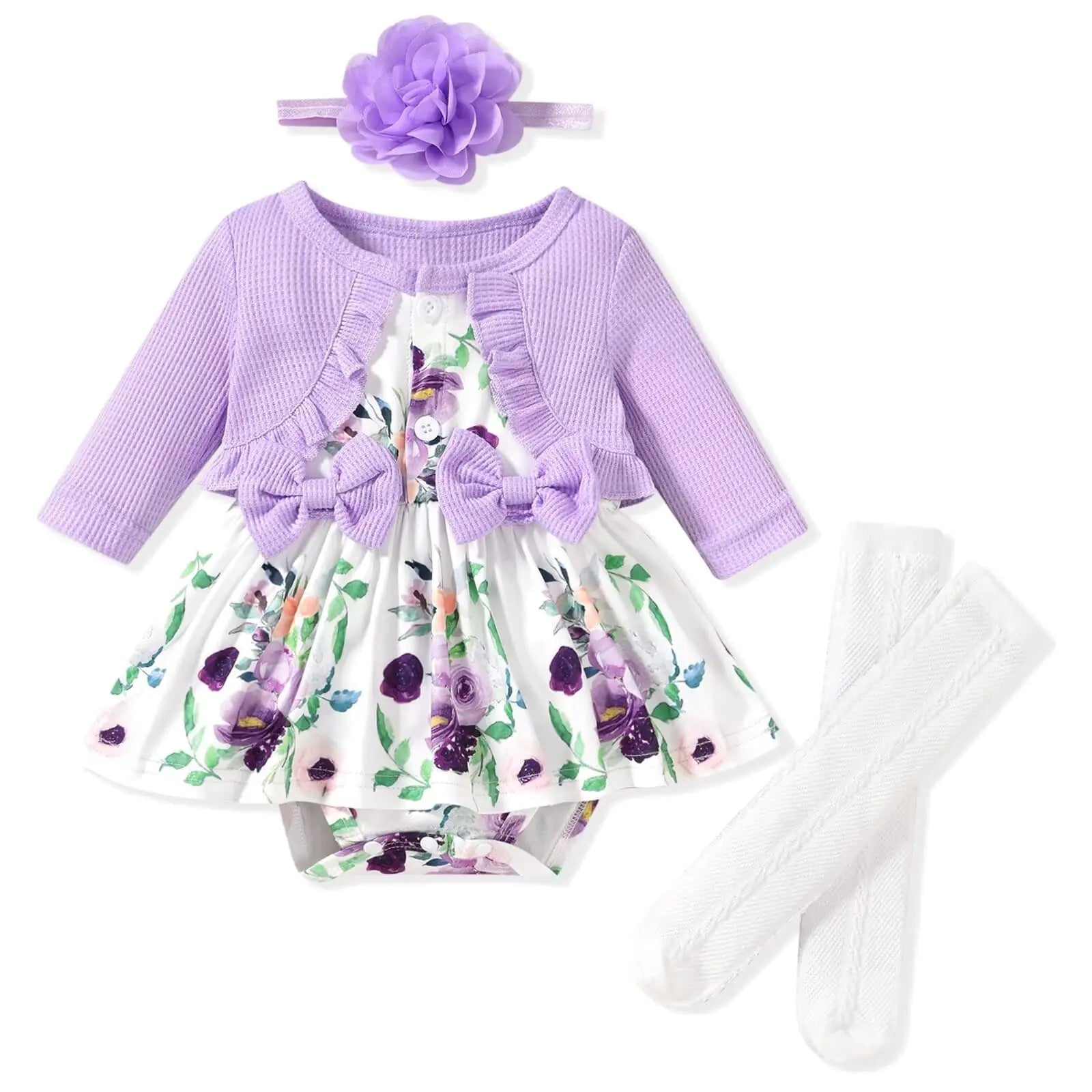 Unutiylo Newborn Baby Girl Fall Winter Outfit Dress Floral Print Long Sleeve Romper Clothes with Headband Purple