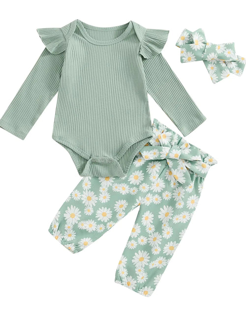 Load image into Gallery viewer, fhutpw Baby Girl Clothes 3 6 9 12 Months Outfits Long Sleeve Knitted Romper &amp; Daisy Pants Fall Winter 3Pcs Clothes Sets (Daisy Green 0-3 Months)
