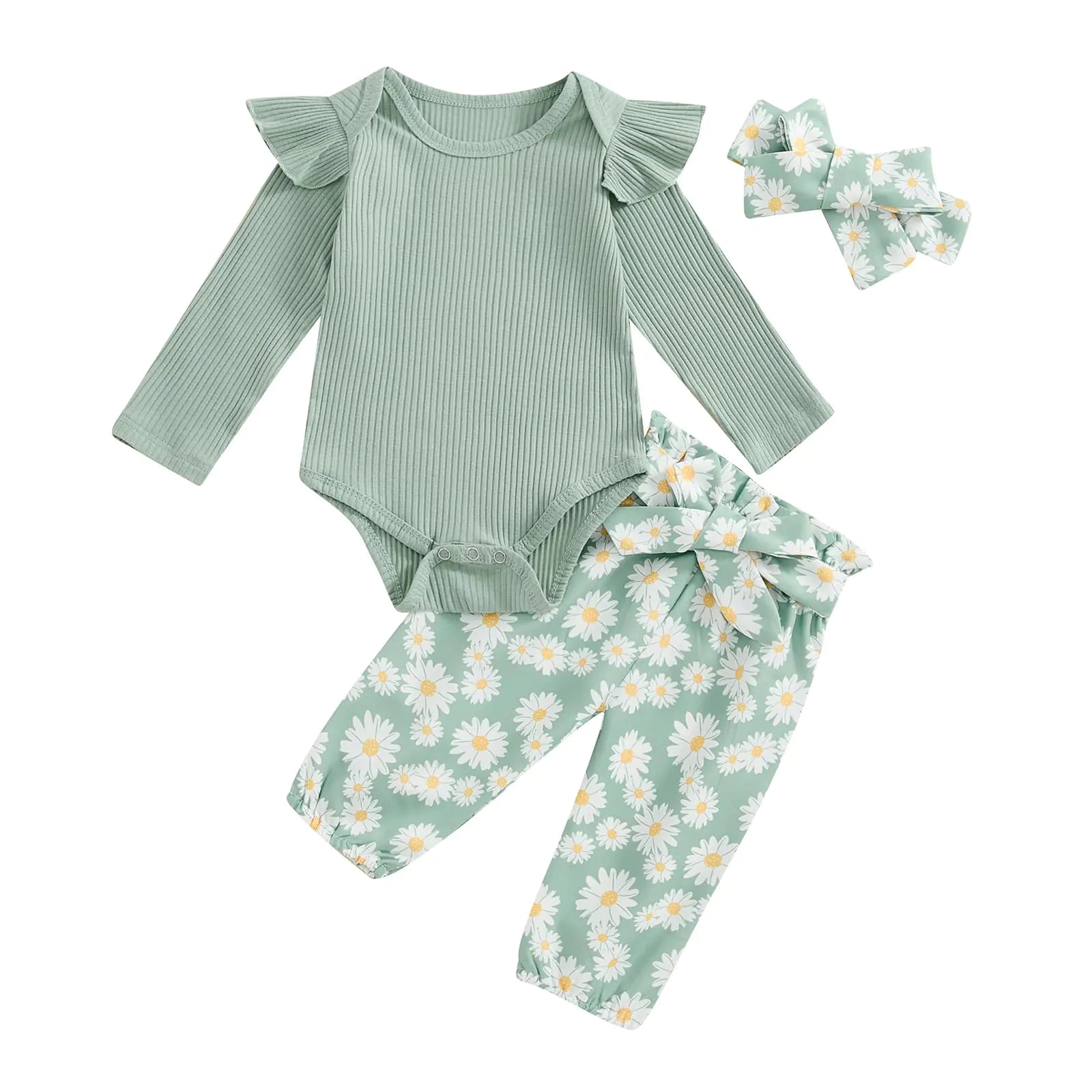 fhutpw Baby Girl Clothes 3 6 9 12 Months Outfits Long Sleeve Knitted Romper & Daisy Pants Fall Winter 3Pcs Clothes Sets (Daisy Green 0-3 Months)