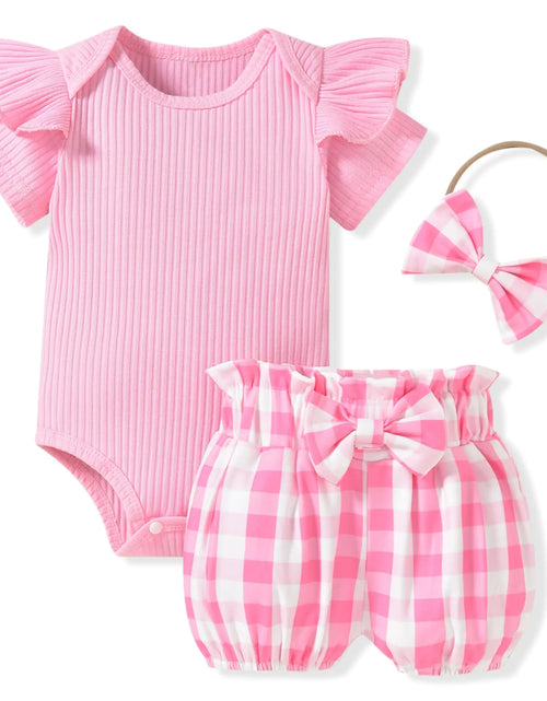 Load image into Gallery viewer, Aalizzwell 0-3 Months Infant Baby Girls Clothes Ribbed Short Sleeve Shorts Summer Outfit Pink Plaid
