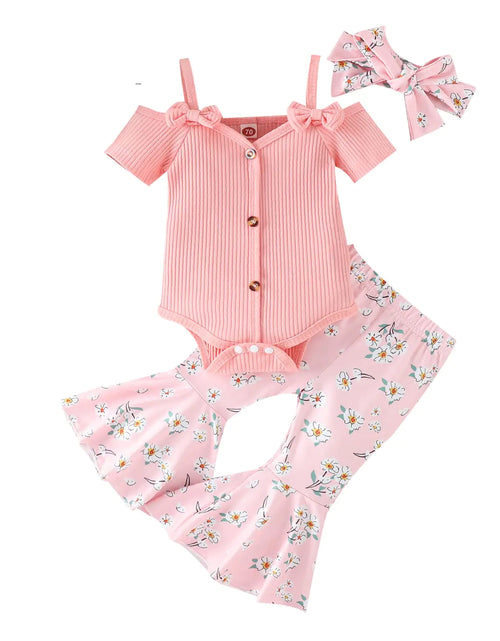 Load image into Gallery viewer, Fernvia Infant Baby Girl Clothes Suspenders Short Sleeve Ribbed Romper Flared Pants Set Headband 3pcs Summer Outfit
