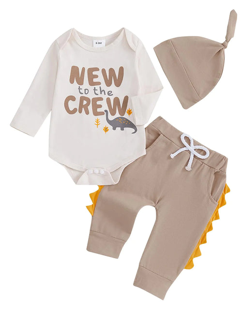 Load image into Gallery viewer, Newborn Infant Baby Boy Outfit Little Brother Romper Infant Letter Print Dinosaur Clothes Drawstring Pants Hat (Khaki-New to the crew 3-6 Months)
