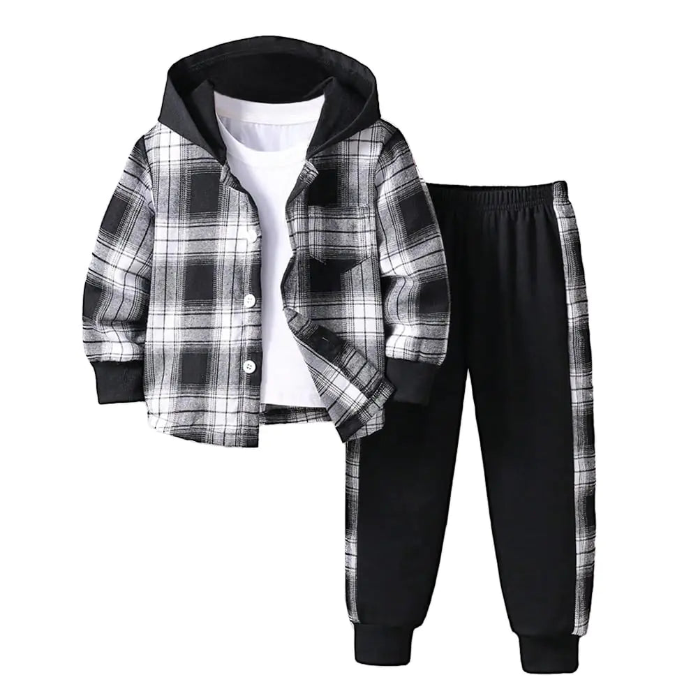 Nivne Tco Toddler Boy Clothes Plaid Hooded Shirt - 2 Piece Outfit: Button Front Toddler Hoodie & Sweatpants Set (3 Years)