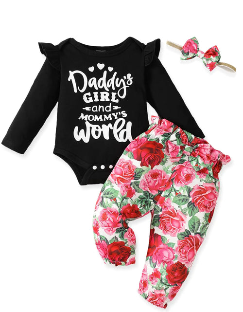Load image into Gallery viewer, Newborn Baby Girl Clothes 12-18 Months Outfits Infant Romper Ruffle Floral Pants Cute Toddler Baby Girl Clothes Set Black Floral
