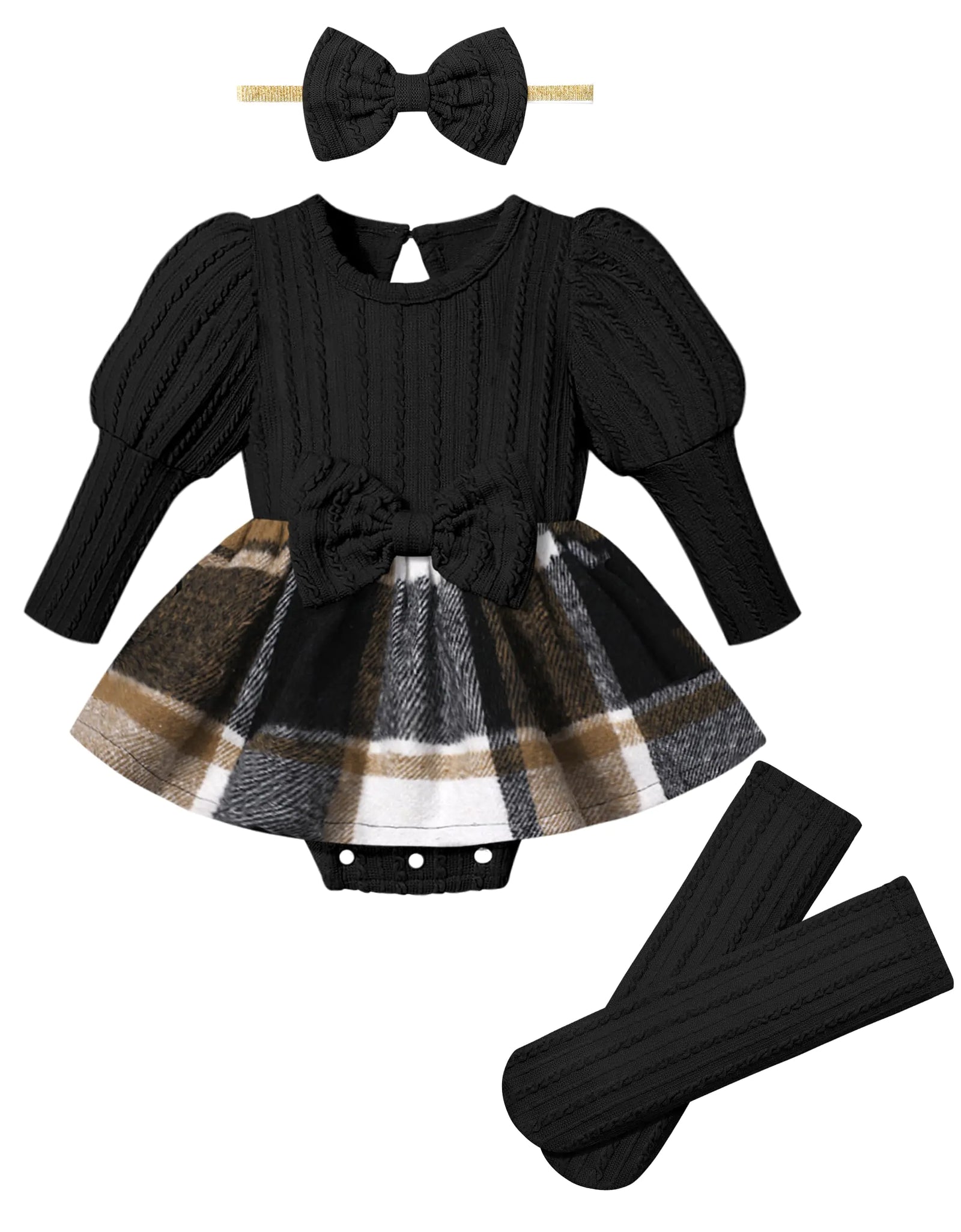 KANGKANG Baby Girl Clothes 6-9 Month Girl Clothes Black Long Sleeve Romper Brown Plaid Dresses Socks 4Pcs Baby Girl Fall Winter Outfits Infant Girl Clothes