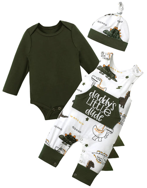 Load image into Gallery viewer, Aulyffo Baby Boy Clothes 3-6 Months Infant Boy Clothes 3Pcs Baby Boy Outfits Long Sleeve Green Baby Boy Romper Dinosaur Clothes Baby Boy Overalls with Hat

