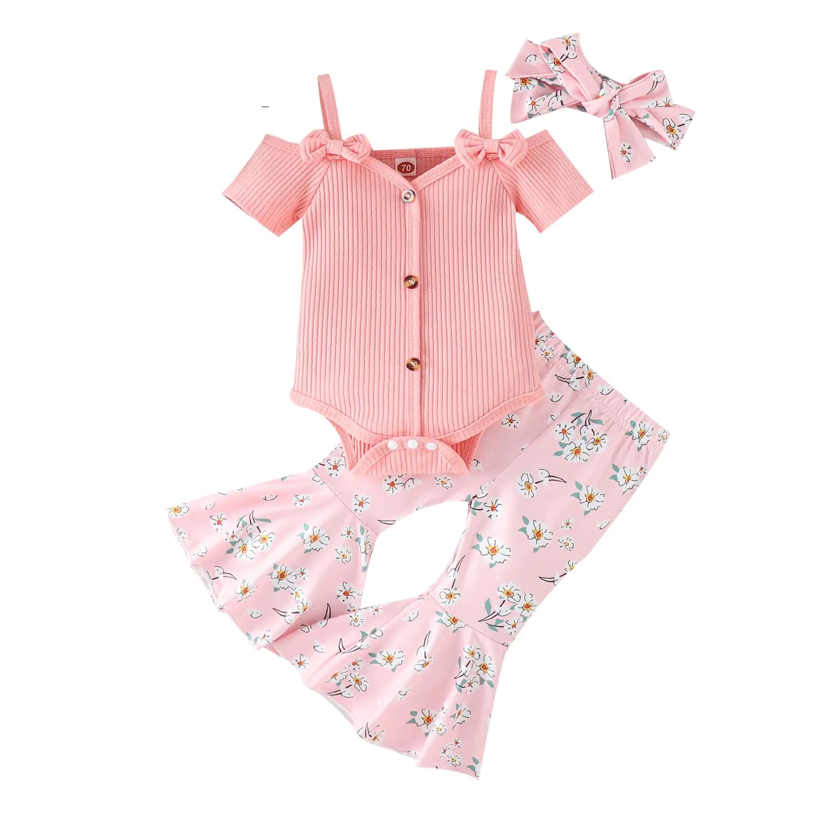 Fernvia Infant Baby Girl Clothes Suspenders Short Sleeve Ribbed Romper Flared Pants Set Headband 3pcs Summer Outfit