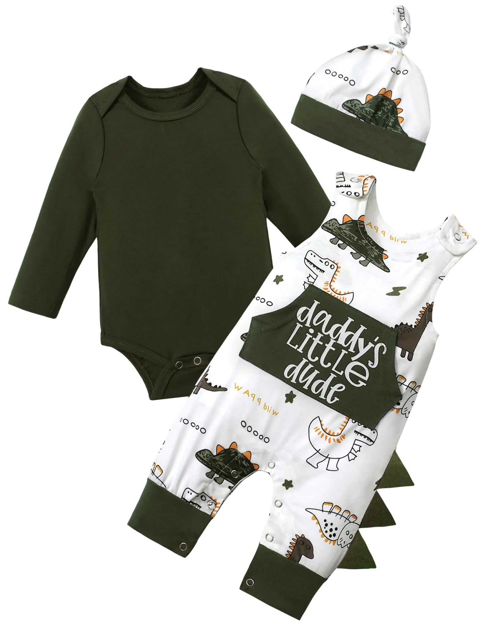 Aulyffo Baby Boy Clothes 3-6 Months Infant Boy Clothes 3Pcs Baby Boy Outfits Long Sleeve Green Baby Boy Romper Dinosaur Clothes Baby Boy Overalls with Hat