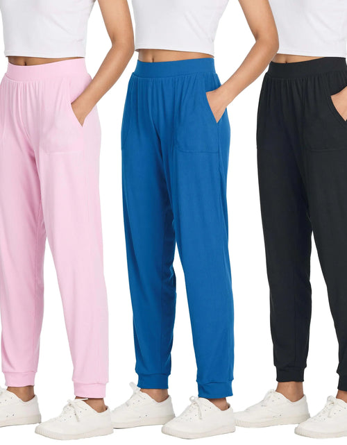 Load image into Gallery viewer, 3 Pack Womens Pants Athletic Sweatpants Joggers Yoga Pajama Hiking Golf Gym Lounge Casual Pockets Sleep Activewear Running Summer Workout High Waisted Teen Active Athleisure Ribbed Ladies PJ
