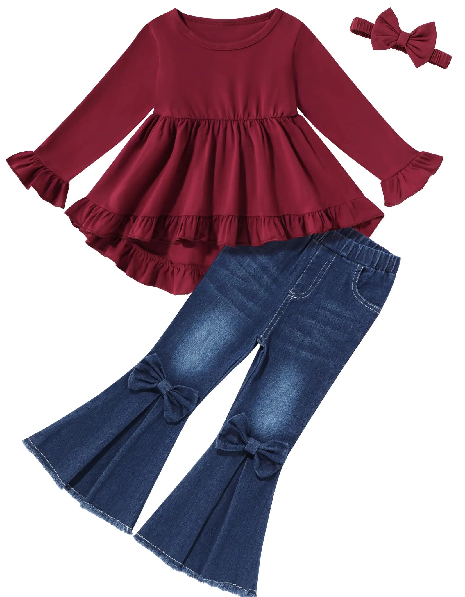 oklady Toddler Girl Clothes 2T 3T Solid Color Ruffles Top Bow Flared Jeans with Headband Toddler Fall Outfits for Girls