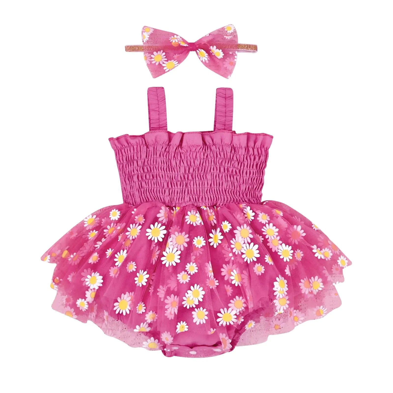 Aenbilo 6 Months Baby Girl Clothes Baby Summer Sleeveless Clothing Cute Lace Daisy Romper One-piece Jumpsuit Summer Clothes Set Bodysuit Cake Smash Outfits Headband Clothes Set Hot Pink 6-9 Months