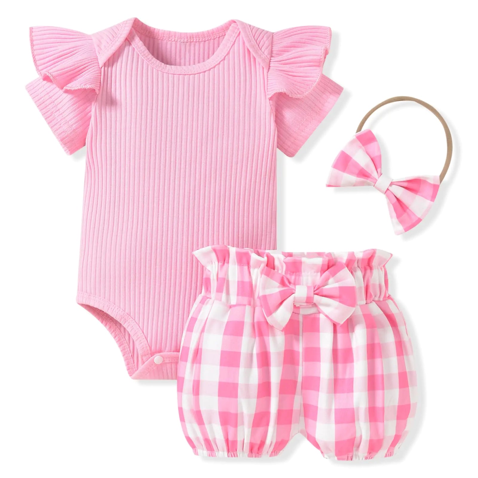 Aalizzwell 0-3 Months Infant Baby Girls Clothes Ribbed Short Sleeve Shorts Summer Outfit Pink Plaid