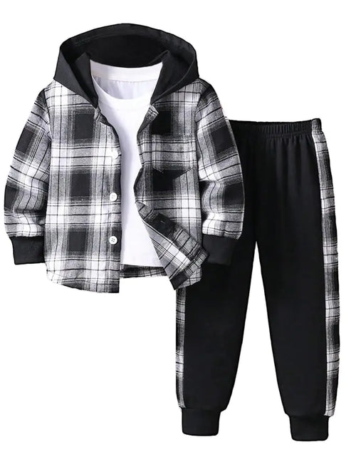 Load image into Gallery viewer, Nivne Tco Toddler Boy Clothes Plaid Hooded Shirt - 2 Piece Outfit: Button Front Toddler Hoodie &amp; Sweatpants Set (3 Years)
