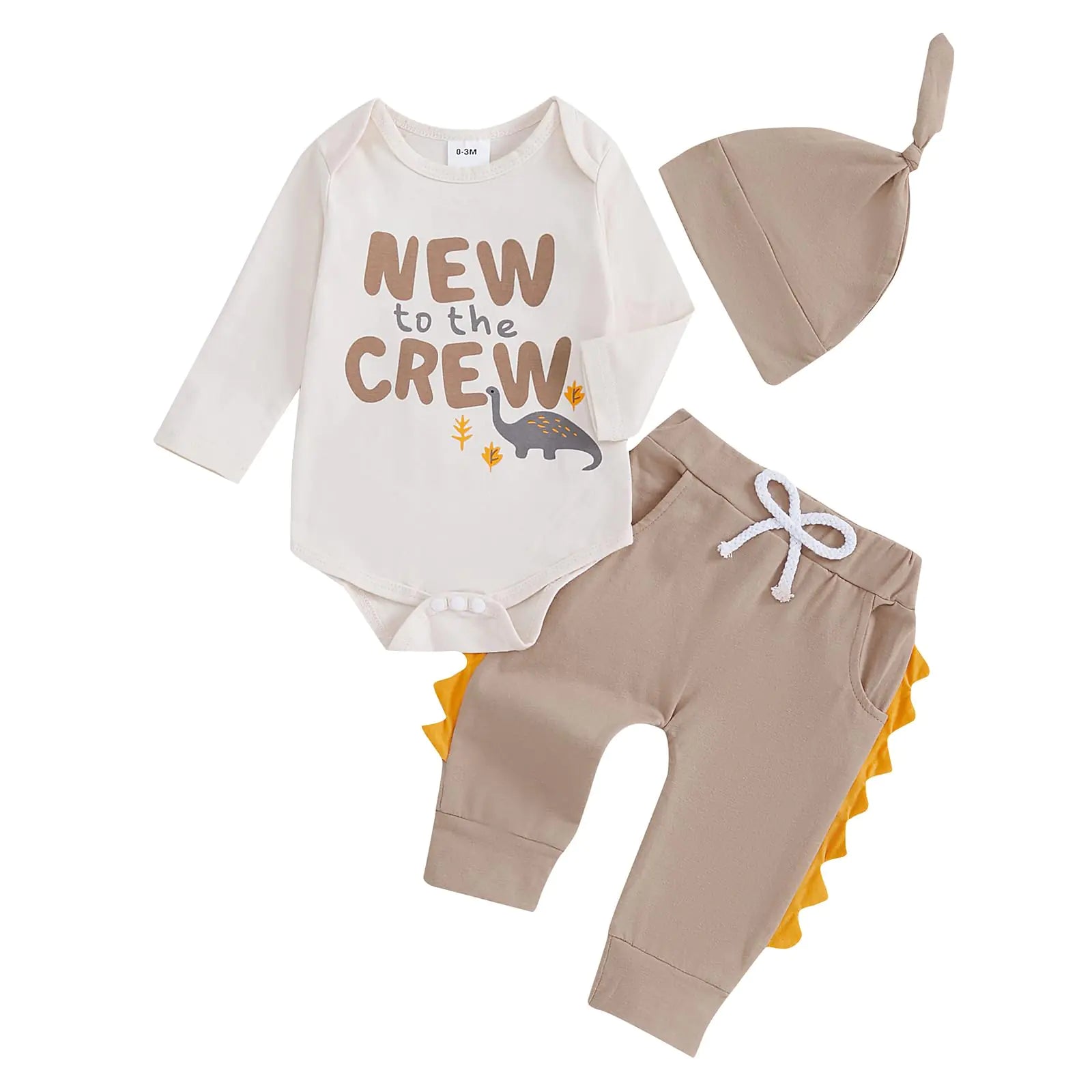 Newborn Infant Baby Boy Outfit Little Brother Romper Infant Letter Print Dinosaur Clothes Drawstring Pants Hat (Khaki-New to the crew 3-6 Months)
